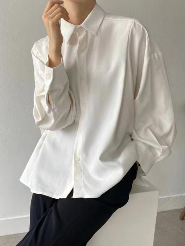 Long Sleeves Loose Buttoned Pleated Solid Color Lapel Collar Blouses&shirts Tops