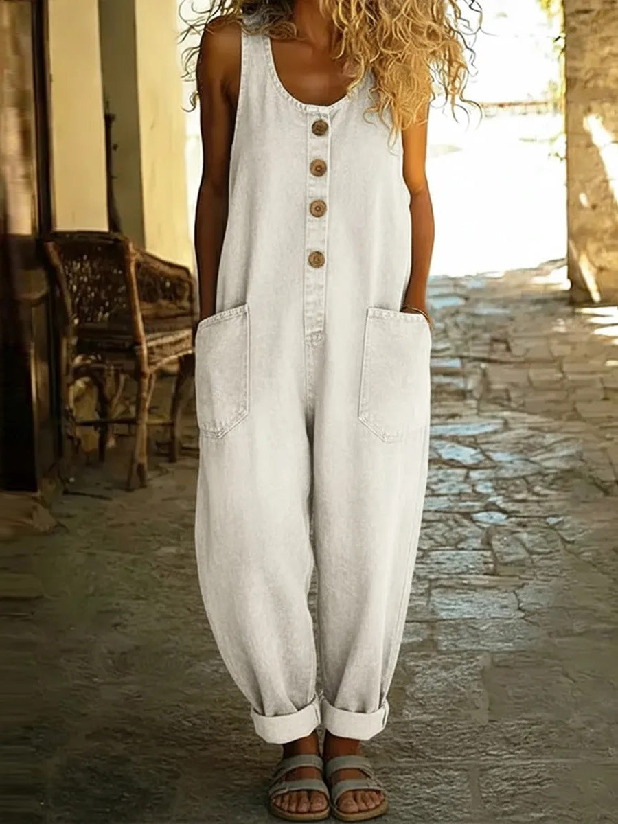 Loose Plus Size Buttoned Pockets Solid Color Split-Joint U-Neck Overalls