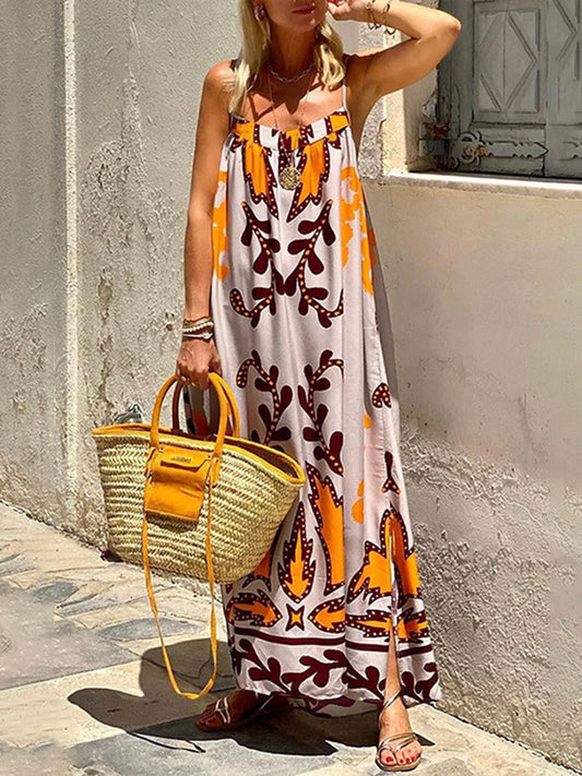 A-Line High Waisted Contrast Color Pleated Printed Split-Joint Spaghetti-Neck Midi Dresses