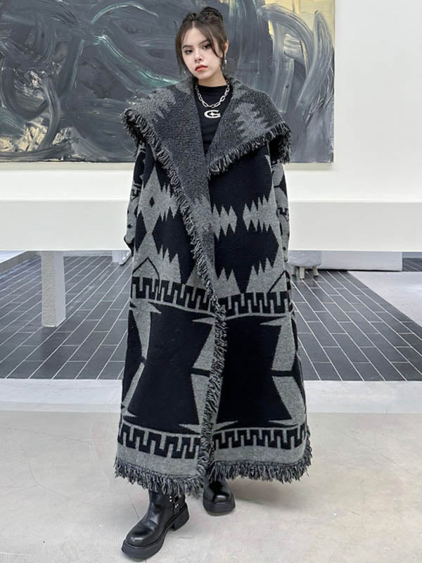 Long Sleeves Loose Contrast Color Geometric Split-Joint Tasseled Lapel Outerwear Overcoat