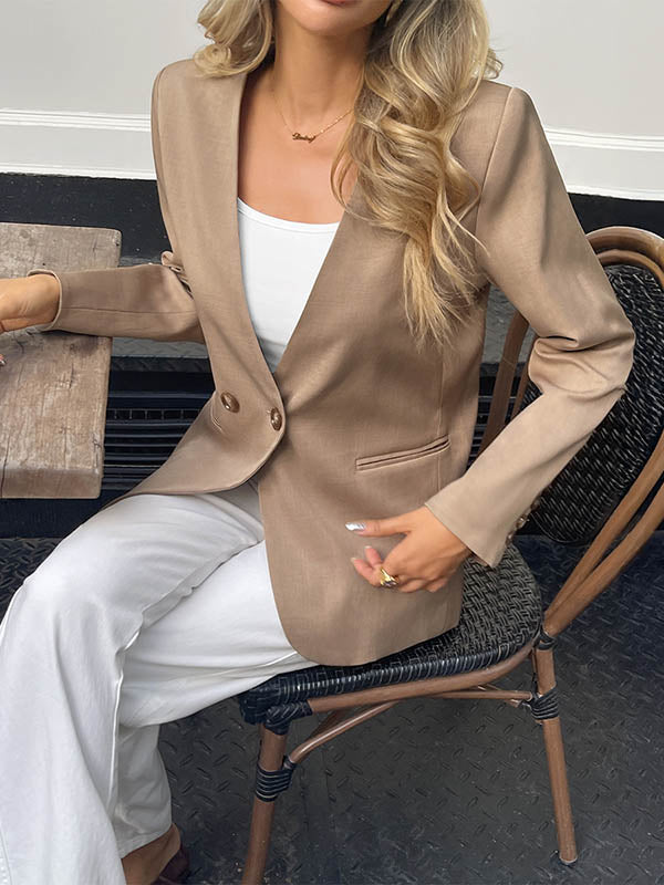 Long Sleeves Loose Buttoned Solid Color Split-Joint Collarless Blazer Outerwear
