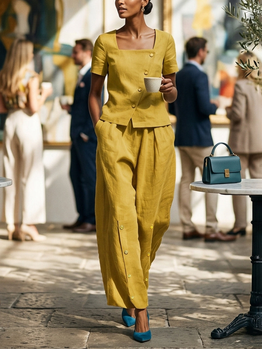 Loose Wide Leg Buttoned Pockets Solid Color Pants Trousers