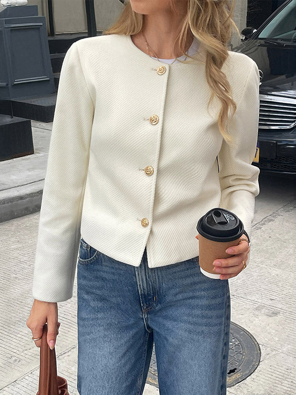 Long Sleeves Skinny Buttoned Single-Breasted Solid Color Striped Collarless Outerwear
