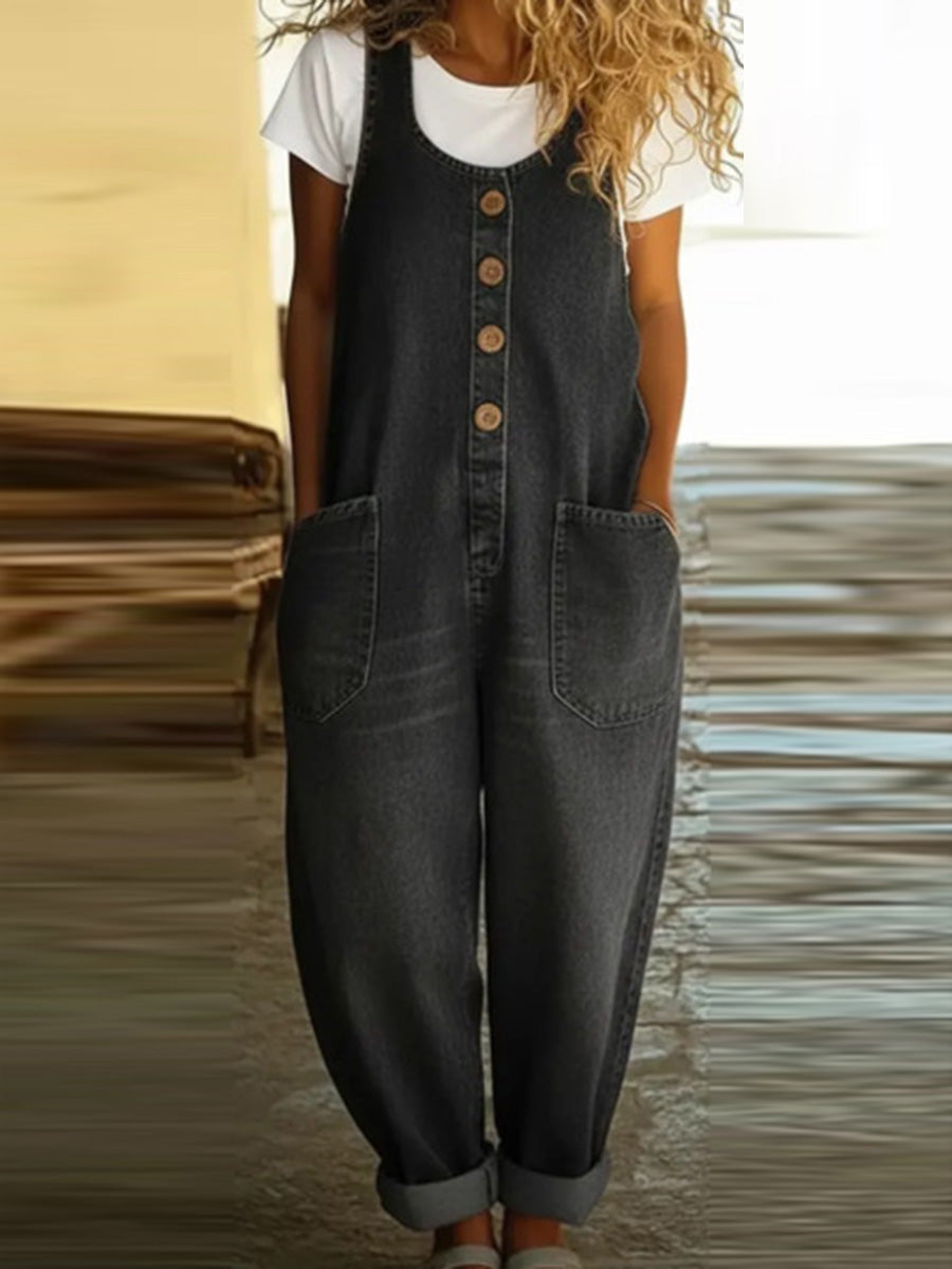 Loose Plus Size Buttoned Pockets Solid Color Split-Joint U-Neck Overalls