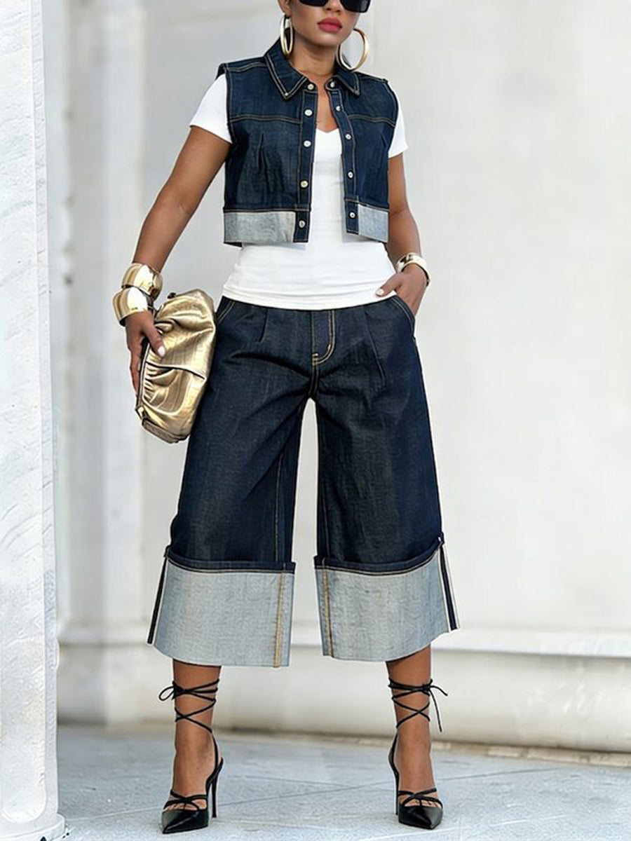 Loose Wide Leg Pleated Pockets Jean Pants Bottoms