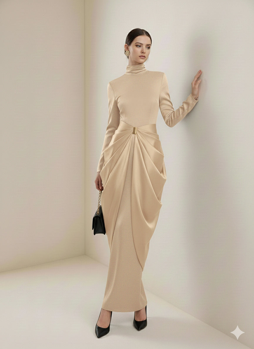 Long Sleeves Buckle Draped High-Neck Evening Dresses Maxi Dresses
