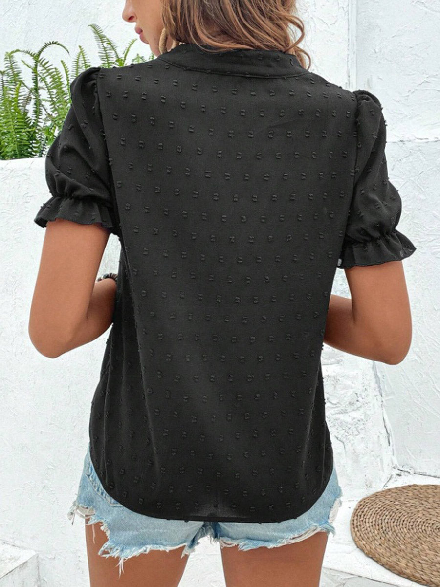 Loose Puff Sleeves Flower-Embellished Contrast Color Jacquard Pleated Ruffled Split-Joint V-Neck Blouses&Shirts Tops