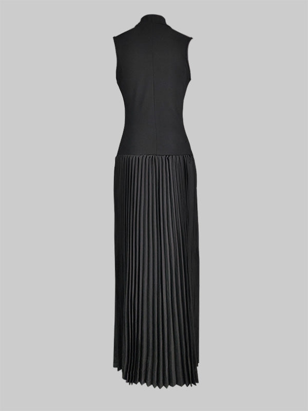 Bodycon Sleeveless Hollow Pleated Solid Color Split-Joint Mock Neck Maxi Dresses