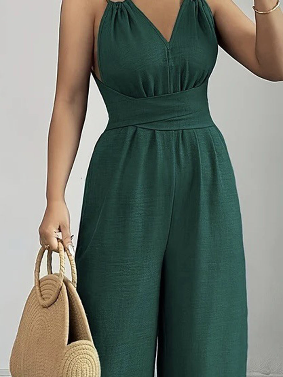High Waisted Sleeveless Backless Solid Color Tied Spaghetti-Neck Jumpsuits