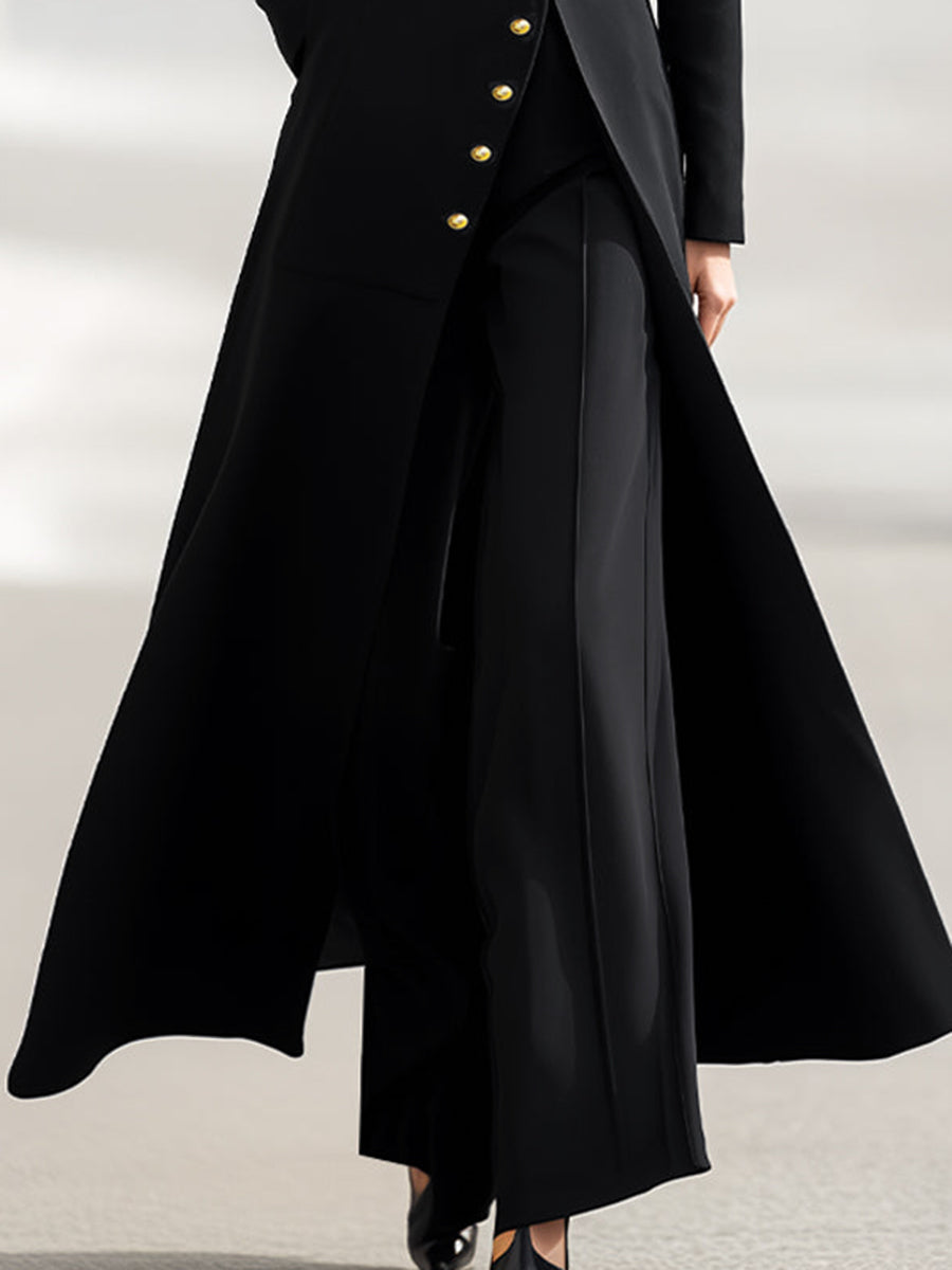 High Waisted Long Sleeves Buttoned Solid Color Split-Front Round-Neck Midi Dresses