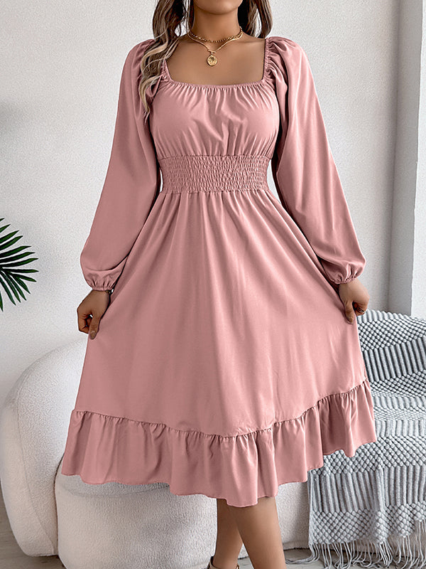 A-Line Elasticated Waist Pleated Ruffled Solid Color Square-Neck Midi Dresses