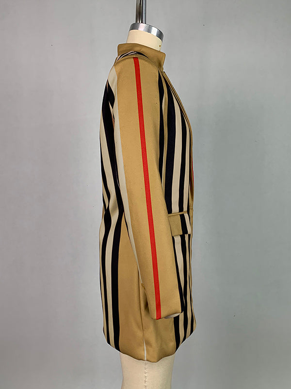 Long Sleeves Loose Buttoned Split-Joint Striped Stand Collar Woolen Coat