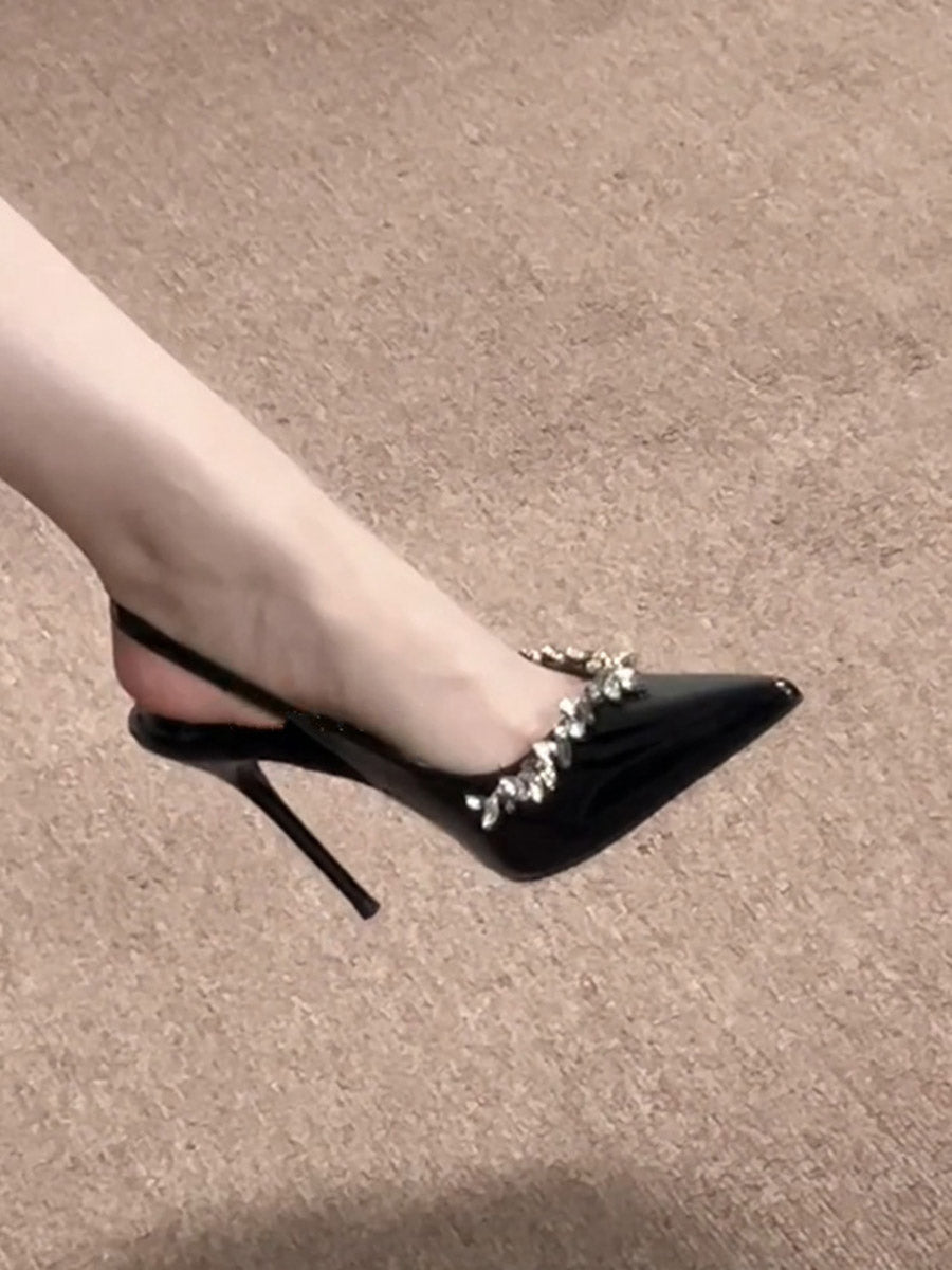 Pointed-Toe Rhine Stones Shiny Pumps