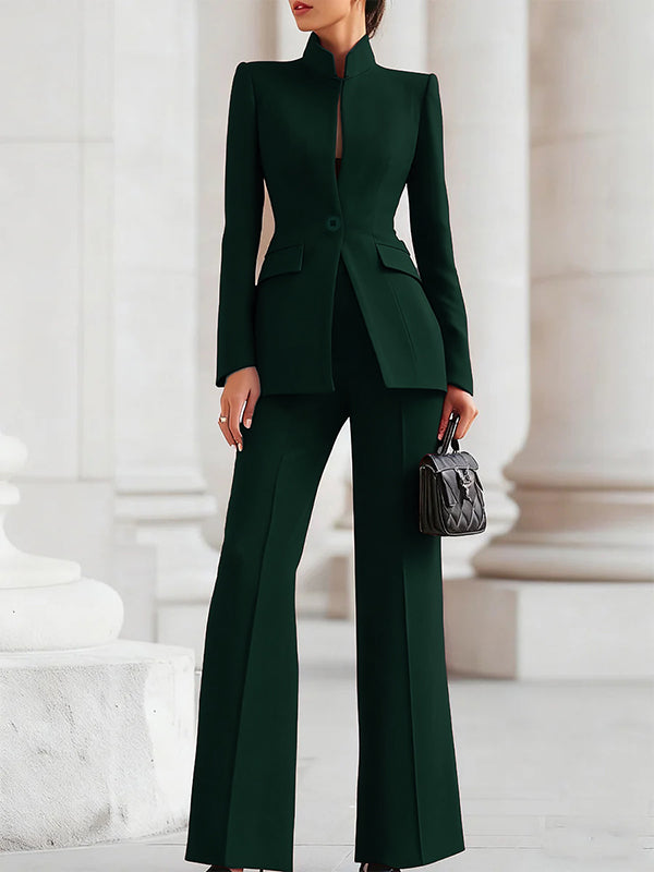 Long Sleeves Buttoned Pockets Solid Color Stand Collar Blazer Outerwear