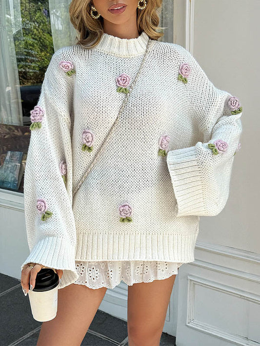 Long Sleeves Loose Contrast Color Split-Joint Three-Dimensional Flower Mock Neck Pullovers Sweater Tops