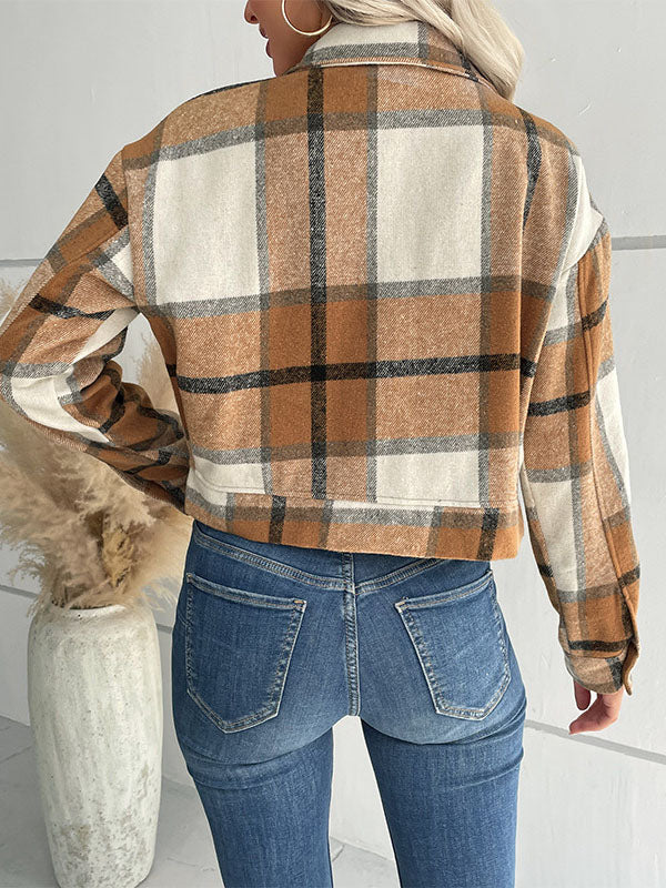 Long Sleeves Loose Buttoned Plaid Pockets Split-Joint Lapel Jackets Outerwear