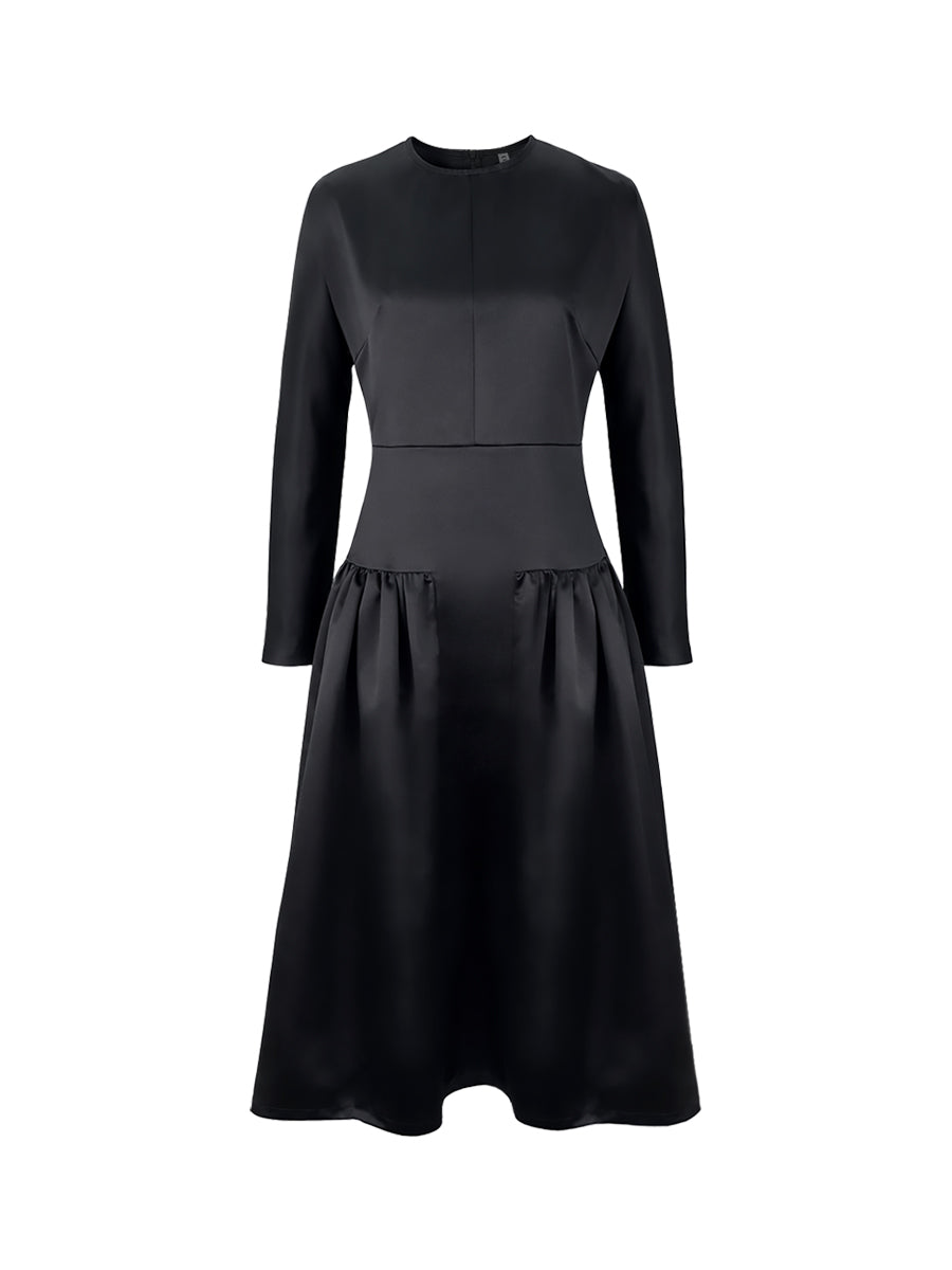 Long Sleeves Solid Color Round-Neck Midi Dresses