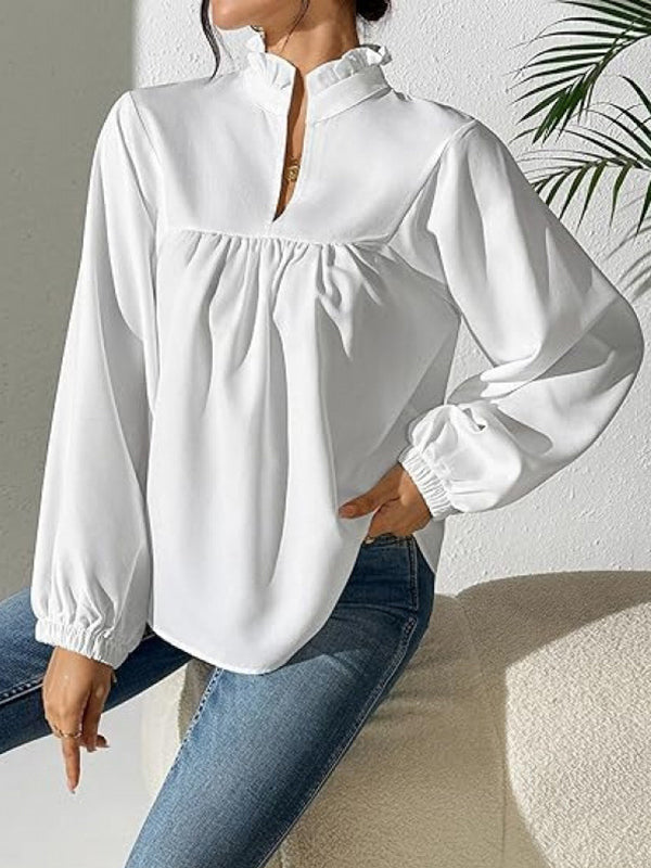 Long Sleeves Puff Sleeves Pleated Ruffled Solid Color Stand Collar Blouses&Shirts Tops