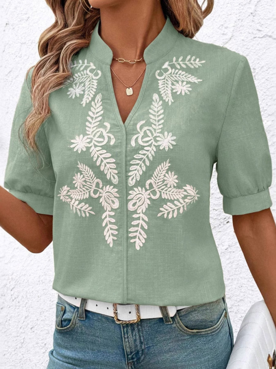 Loose Short Sleeves Flower-Embellished Contrast Color Split-Joint Stand Collar Blouses&Shirts Tops