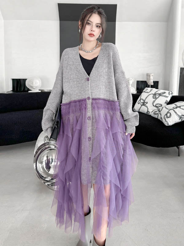 High-Low Irregularity Buttoned Contrast Color Mesh Pleated Ribs Split-Joint Collarless Cardigan Tops Outerwear