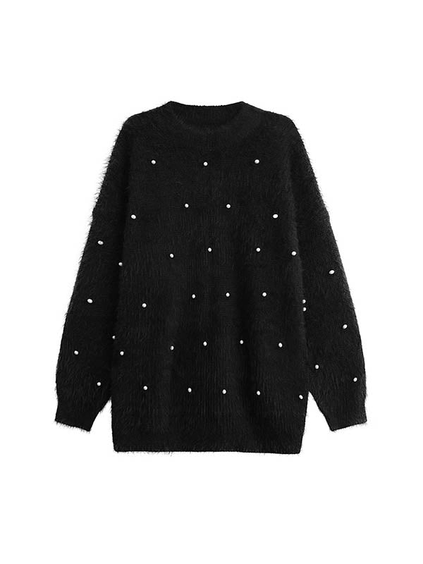 Long Sleeves Loose Beads Contrast Color Shiny Split-Joint Round-Neck Mini Dresses Sweater Dresses