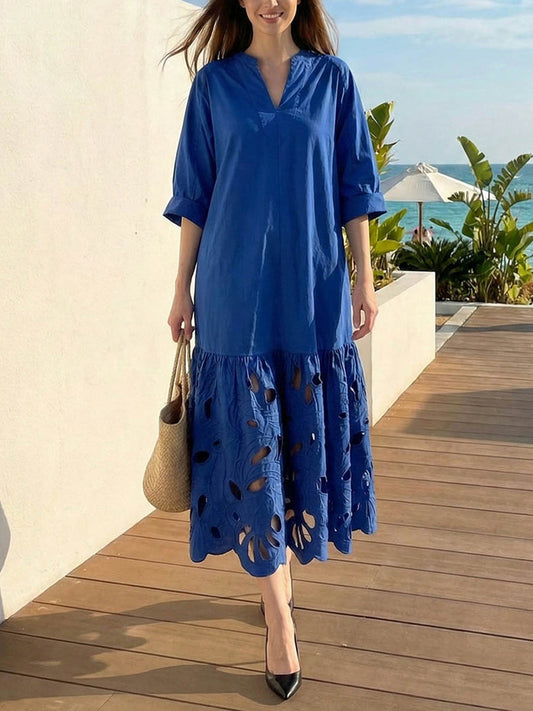 A-Line Long Sleeves Hollow Pleated Solid Color Split-Joint V-Neck Maxi Dresses