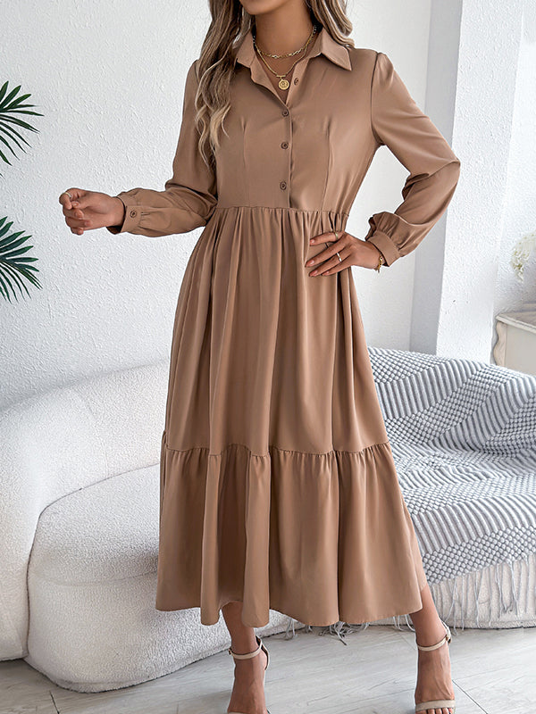 High Waisted Long Sleeves Pleated Ruffled Solid Color Lapel Midi Dresses Shirt Dress