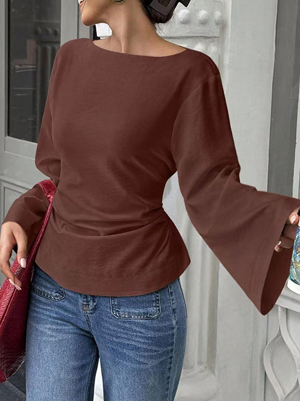 Elasticated Waist Flared Sleeves Solid Color Split-Joint Tied Waist Round-Neck T-Shirts Tops