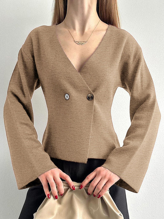 Long Sleeves Buttoned Solid Color V-Neck Cardigan Tops