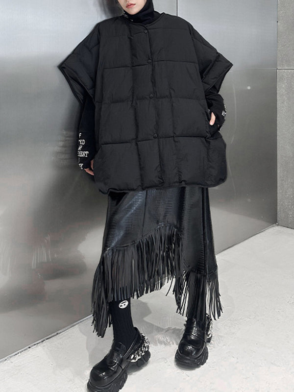 Batwing Sleeves Half Sleeves Buttoned Solid Color Round-Neck Padded Vest
