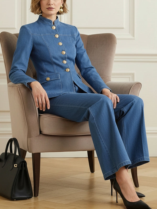 Long Sleeves Buttoned Pockets Solid Color Stand Collar Outerwear