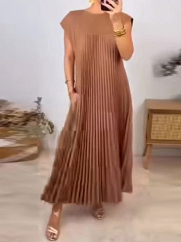 A-Line High Waisted Pleated Pockets Solid Color Split-Joint Round-Neck Maxi Dresses