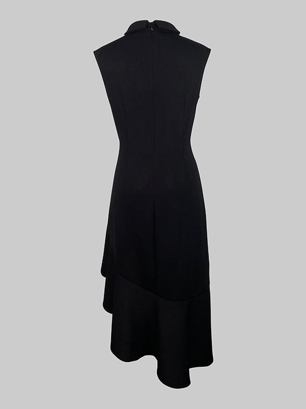 Loose Sleeveless Asymmetric Buttoned Ruffle Trim Solid Color Mock Neck Midi Dresses