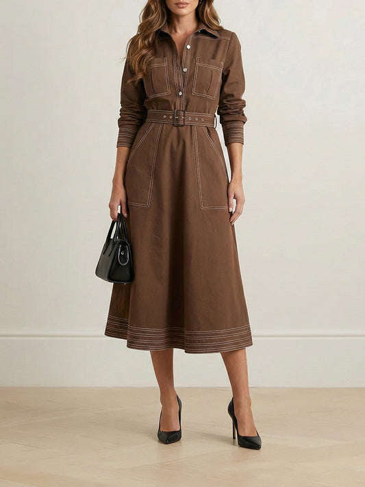 Long Sleeves Loose Buttoned Elasticity Pockets Solid Color Lapel Maxi Dresses