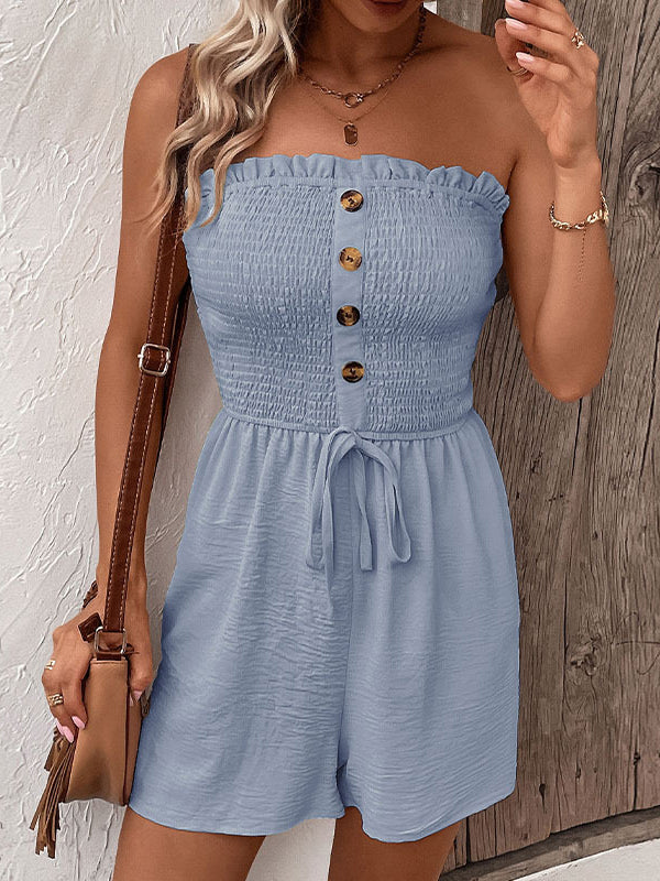 Loose Plus Size Buttoned Drawstring Elasticity Pockets Split-Joint Tube Rompers