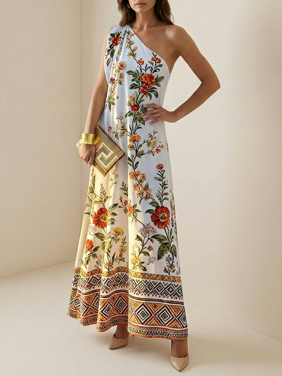 A-Line Sleeveless Contrast Color Flower Print Geometric Split-Joint One-Shoulder Maxi Dresses