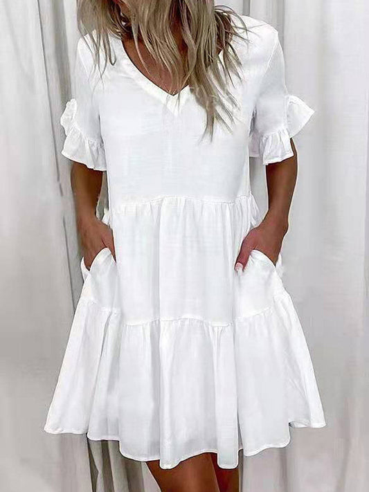 A-Line High Waisted Contrast Color Pleated Pockets Printed Split-Joint V-Neck Midi Dresses