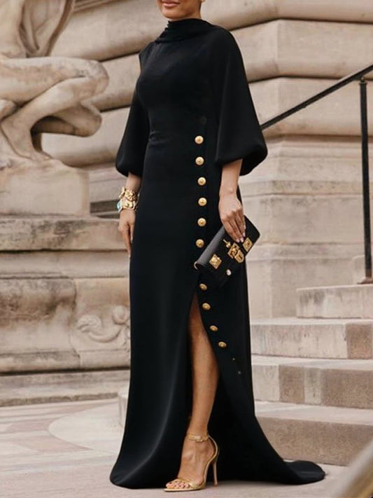 Loose Puff Sleeves Buttoned Split-side Mock Neck Maxi Dresses