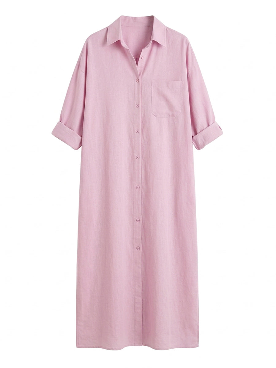 Long Sleeves Loose Buttoned Pockets Solid Color Lapel Maxi Dresses Shirt Dress