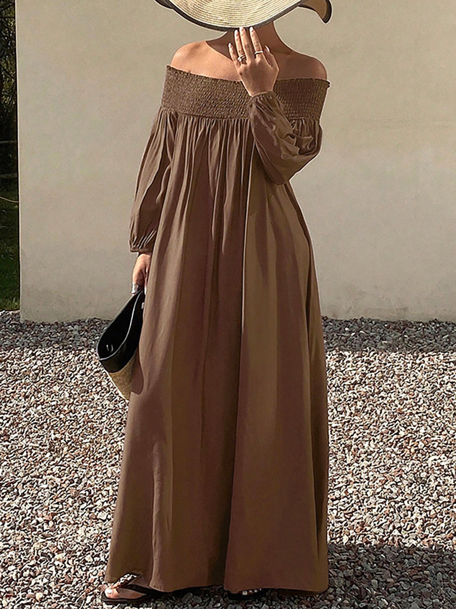 Loose Puff Sleeves Elasticity Pleated Solid Color Off-The-Shoulder Maxi Dresses