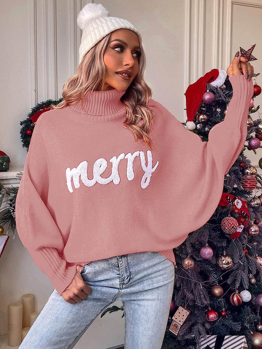 Long Sleeves Loose Contrast Color Printed Split-Joint High Neck Sweater Tops