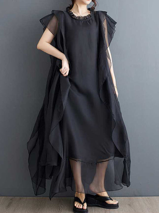 Loose Ruffle Sleeves Falbala Ruffled Solid Color Round-neck Midi Dresses