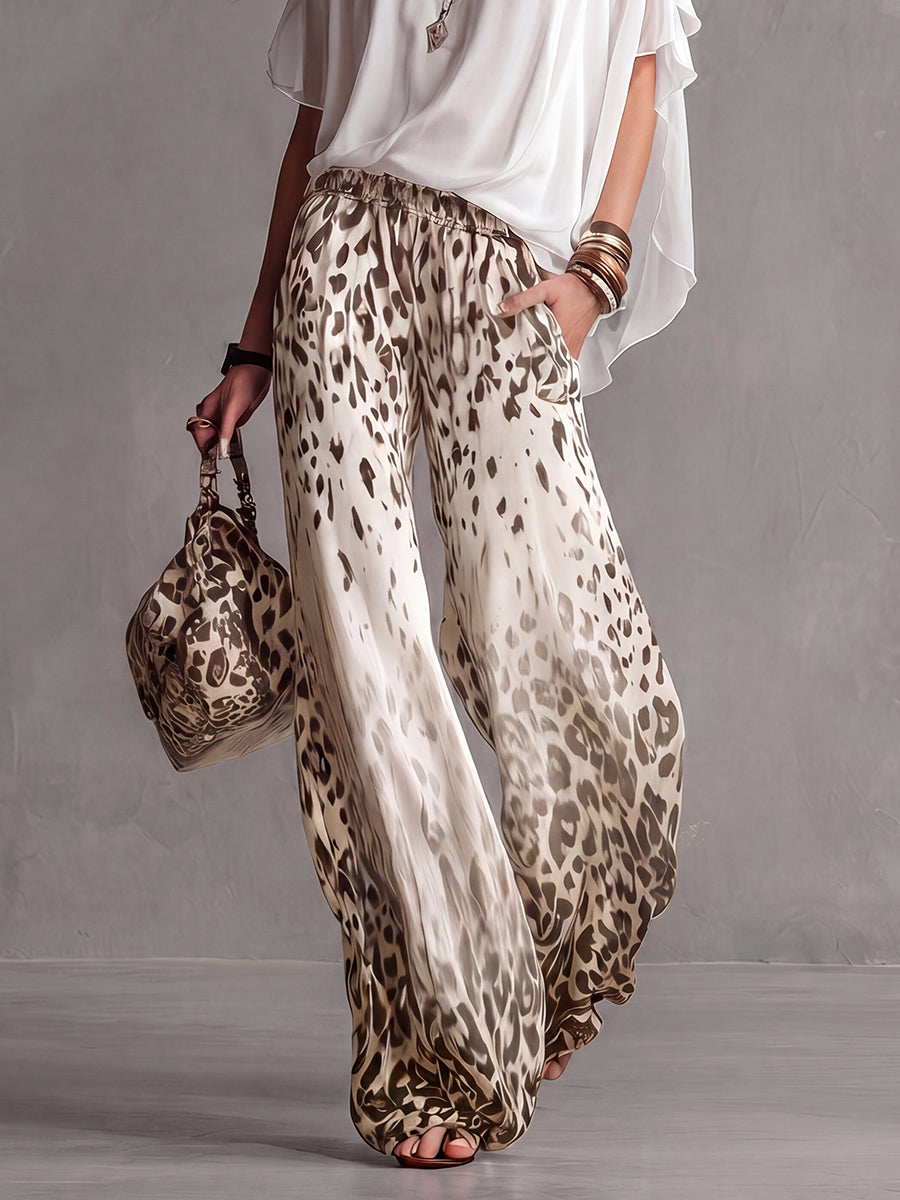 Loose Wide Leg Elasticity Gradient Leopard Pockets Trousers Wide Leg Pants