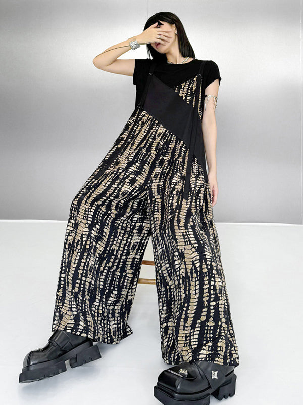 Loose Sleeveless Asymmetric Contrast Color Printed Split-Joint Spaghetti-Neck Overalls