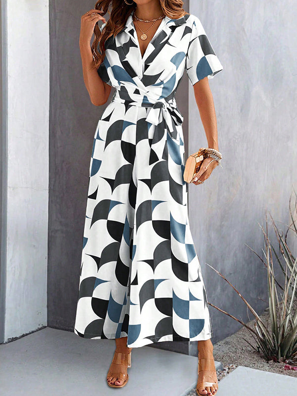 High Waisted Loose Buttoned Contrast Color Tied Waist V-Neck Jumpsuits