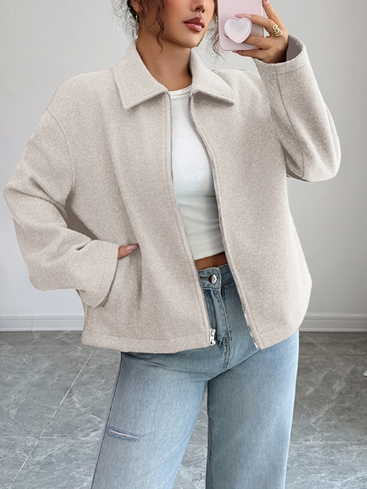 Long Sleeves Loose Solid Color Zipper Lapel Outerwear