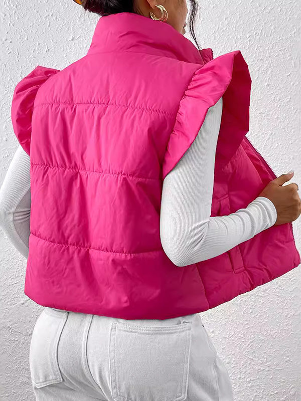 Flared Sleeves Pleated Solid Color Split-Joint High Neck Padded Vest