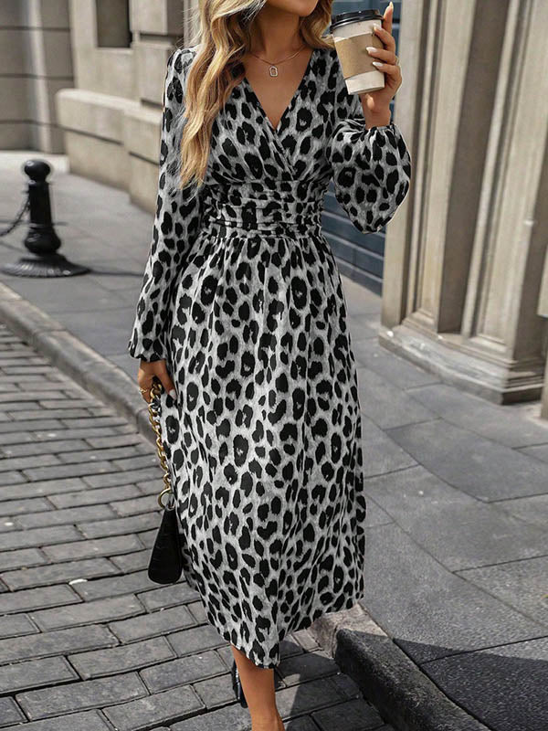 Elasticated Waist High Waisted Contrast Color Leopard Pleated Split-Joint V-Neck Maxi Dresses