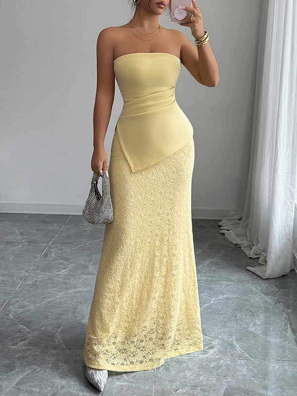 Bodycon Irregularity Lacy Pleated Solid Color Split-Joint Tube Maxi Dresses