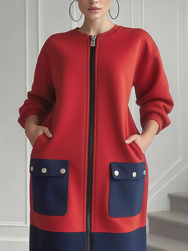 Long Sleeves Loose Contrast Color Pockets Split-Joint Zipper Round-Neck Midi Dresses